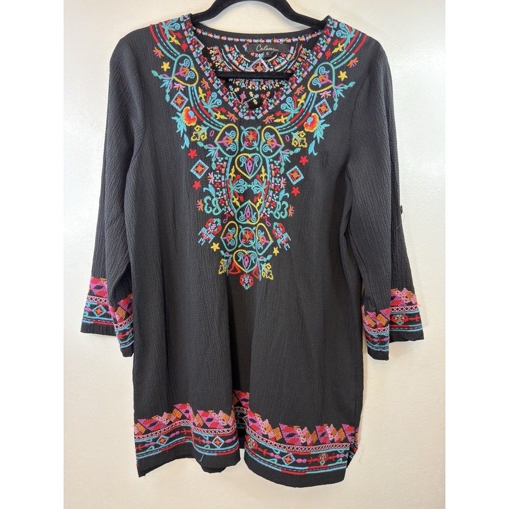 Calessa Women's Tunic Size S Black Embroidered‎ Multicolor 3/4 Sleeve Top
